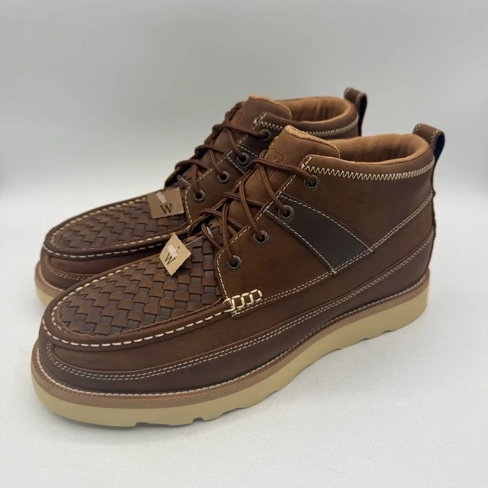 Twisted X Woven Wedge Moc Boots Men's Size 8 W Wide Brown Oiled Saddle Leather